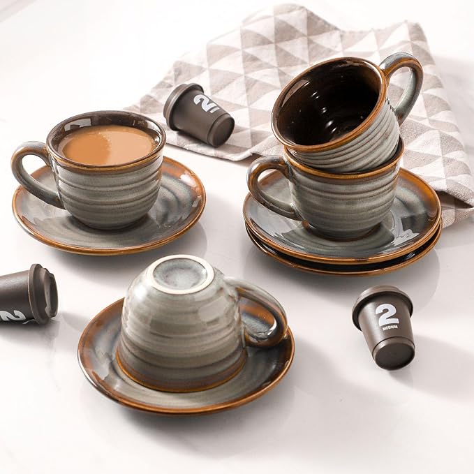Ceramic Espresso Cups with Saucers 5 Oz,Set of 4 Porcelain Demitasse Cups Set,Small Coffee Cups with Handle for Coffee,Tea,Latte and Macchiato,Cappuccino Mugs for Kitchen and Cafe,Brown