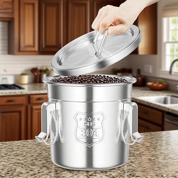 304 Stainless Steel Airtight Canister for Kitchen, 1.6Gal Stainless Steel Food Storage Containers with Lids and Sturdy Locking Clamp, Air Tight Containers for Flour Grain Coffee Bean Sugar Tea, 6L