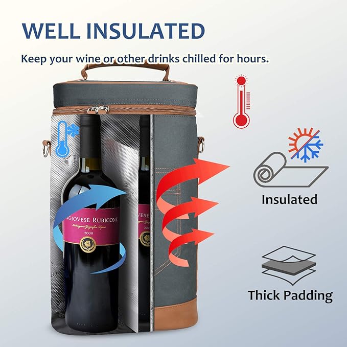 Tirrinia 2 Bottle Wine Gift Tote Carrier - Insulated & Padded Versatile Cooler Bag for Travel, BYOB Restaurant, Wine Tasting, Party, Great Gift for Wine Lover, Gray