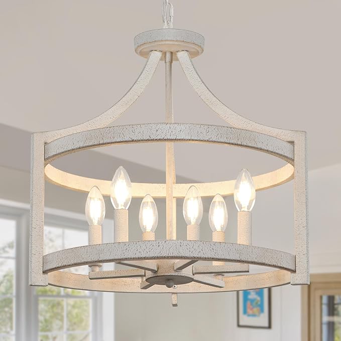 6-Light Farmhouse Chandelier, Distressed Hanging Pendant Lighting, Convertible Semi Flush Mount Ceiling Light Fixture Vintage White Metal Chandeliers for Dining Room Kitchen Foyer Entryway