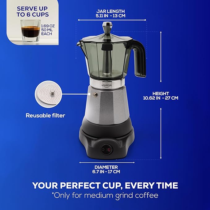 universal Electric Coffee Maker (6 Cups), Cuban Moka Pot (480 Watts), Gift for Coffee Lovers, Easy Brewing, Prepare Espresso Recipes: Italian, Latte, Macchiato & Mocaccino