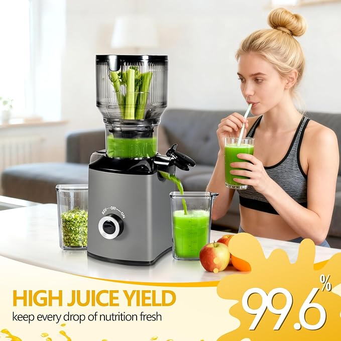 Cold Press Juicer with 5.8" Extra Wide Feed Chute - Slow Masticating Juicer Machine for Whole Fruits & Vegetables - High Juice Yield, Self Feeding, Easy to Clean & Assemble