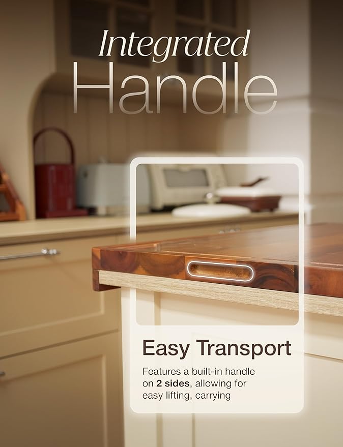 Acacia Wood Cutting Board and Chopping Board with Handle for Meat, Cheese Board, Vegetables, Bread, and Charcuterie Board - Wooden Serving Board for Kitchen, Dining Room (24" x 18")