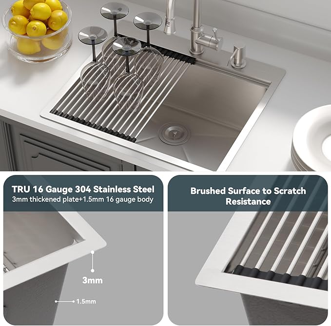 Lordear Drop In Kitchen Sink 25 Inch Stainless Steel Drop In Workstation Sinks 16 Gauge Ledge Workstation 25x22 Drop-in Topmount Single Bowl Kitchen Sink With Accessories