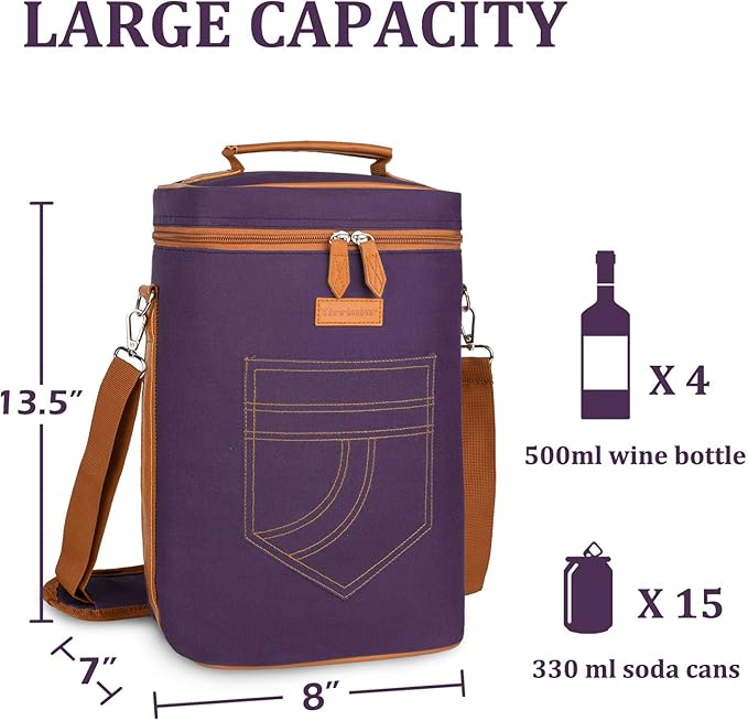 Tirrinia 4 Bottle Wine Gift carrier - Insulated & Padded Portable Wine Carrying Cooler Tote Bag for Travel, BYOB Restaurant, Wine Tasting, Party, Gift for Wine Lovers,Purple