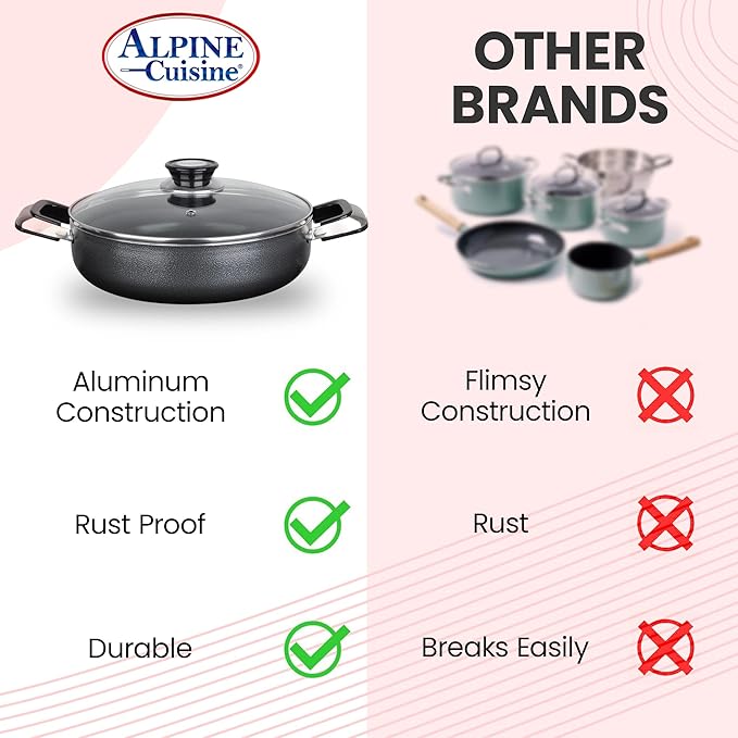 Alpine Cuisine 3 Quart Non-stick Caldero Stock Pot with Tempered Glass Lid and Carrying Handles, Multi-Purpose Cookware Aluminum Dutch Oven for Braising, Boiling, Stewing