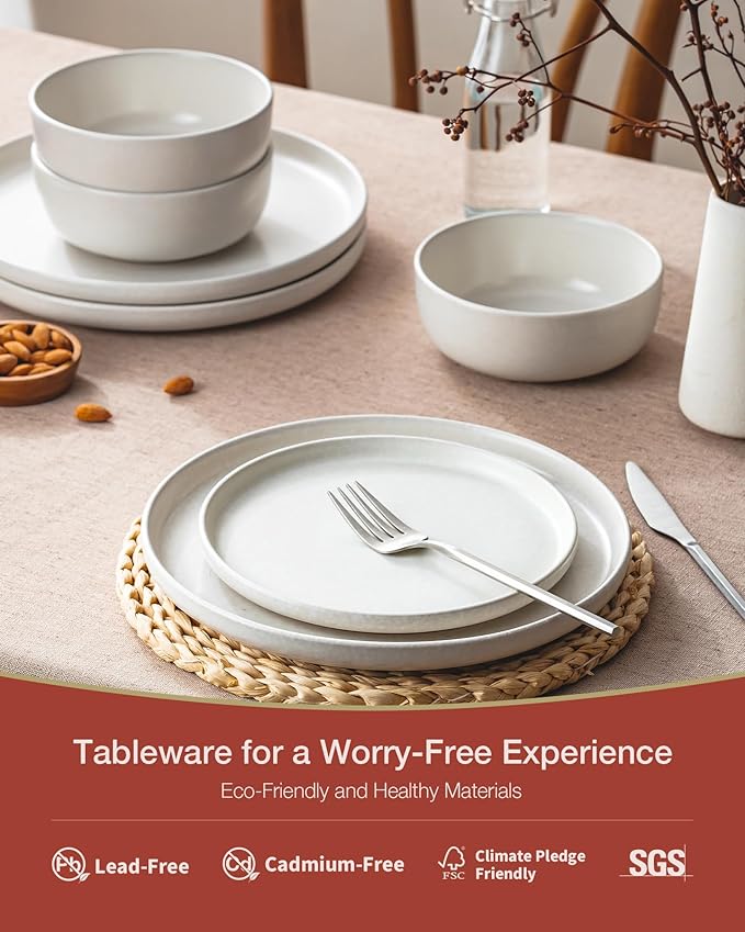 Famiware Milkyway Stoneware Dinnerware Sets with Pasta Bowls, Service for 4 (16 Pieces), Reactive Glaze Plates and Bowls Sets, Microwave and Dishwasher Safe Dishes Set, Matte White