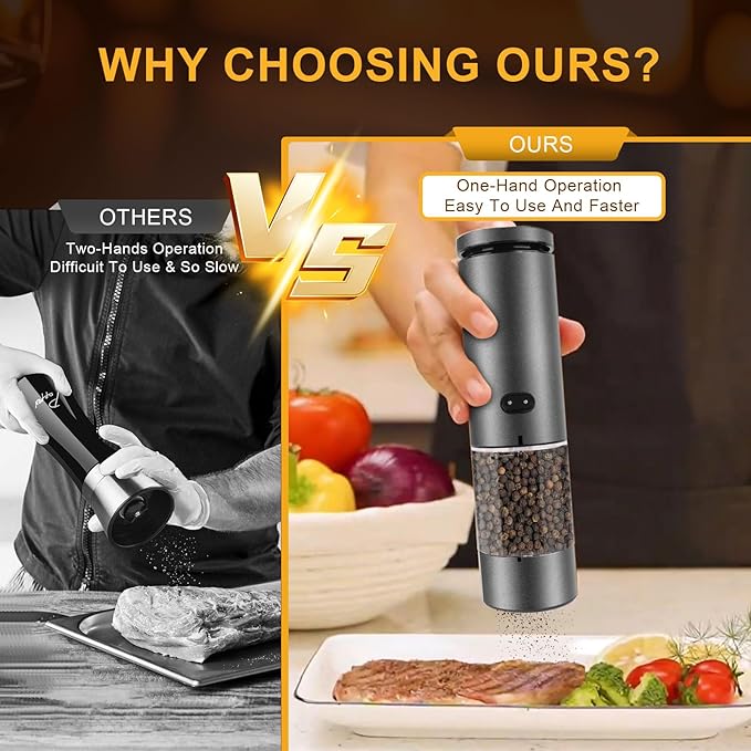 EIHO Electric Salt and Pepper Grinder Set USB Rechargeable, Upgraded External Adjustable Coarseness, Aluminum Alloy Automatic Salt and Pepper Shakers Mills with LED Light, House Warming Cooking Gifts