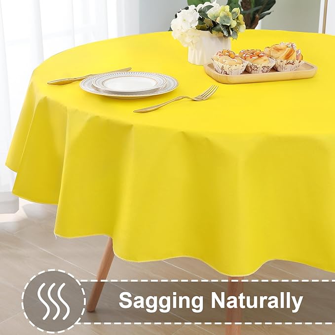 homing Round Vinyl Tablecloth, Waterproof Spillproof Plastic Flannel Backed Table Cloth, Wipe Clean Table Cover for Dining, Buffet Parties and Camping (Yellow, 60")