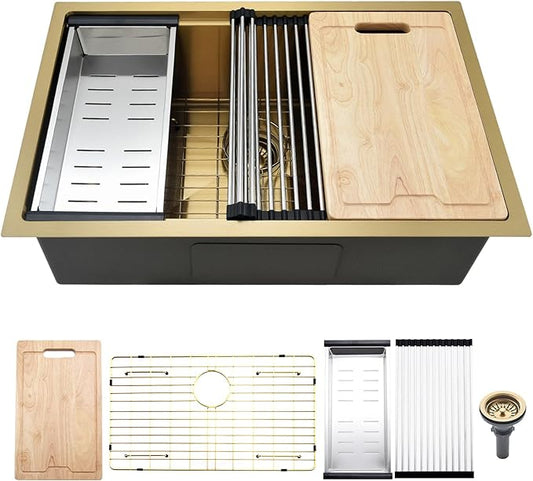 30 Inch Undermount Kitchen Sink Gold Stainless Steel Workstation Single Bowl 16 Gauge Over Counter Deep Kitchen Sink Basin