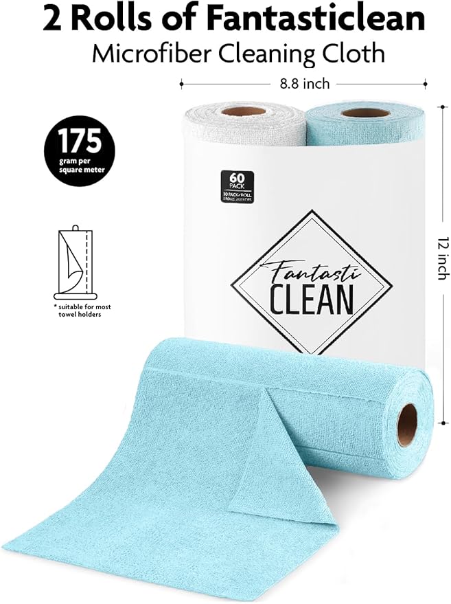 Fantasticlean Microfiber Cleaning Cloth Roll -60 Pack, Tear Away Microfiber Towels, 12" x 12", Reusable, Washable, Scratch Free, Ultra Absorbent Dishcloth for Car, Home Supplies (White & Blue)