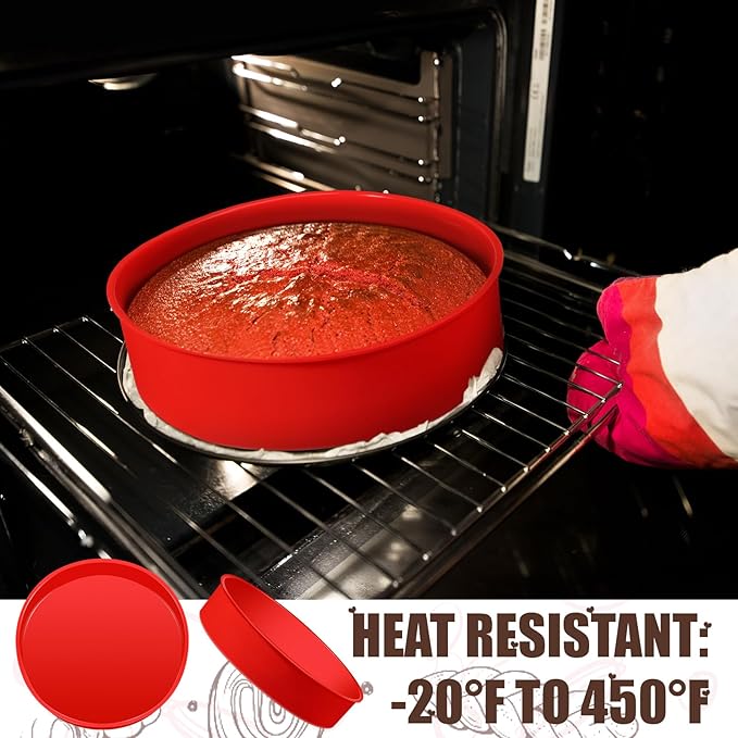 2 Pcs Silicone Cake Pan Round Baking Cake Molds Non-stick Quick Release Suitable for Cheesecake Puddings Party Favors(Red,8 Inches)