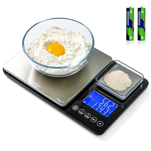 KitchenTour Dual Platform Digital Kitchen Scale with Total Weight Function - 500g/0.1g & 15kg/1g - Accurate for Cooking and Baking Black