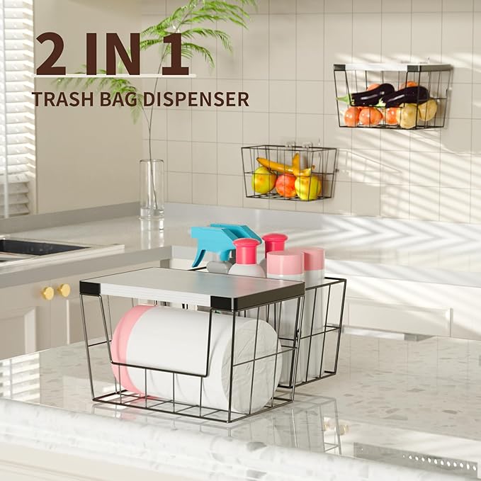 Trash Bag Holder Dispenser 2-Pack, Under Sink Organizer with Wood Lid & Wall Mount, Large Capacity for 13 Gallon Kitchen Trash Bags, Plastic Bag Storage for Laundry Room and Pantry Organization