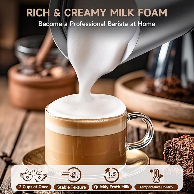 Milk Frother for Coffee, 4-in-1 Milk Frother and Steamer, Warm and Cold Foam Frother for Latte Cappuccinos Café Au Lait Hot Chocolate Matcha, Non-stick Coating Interior
