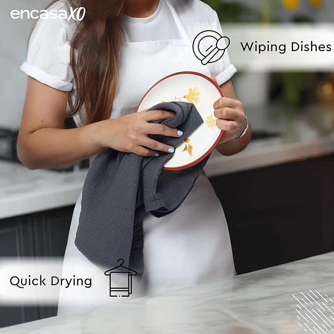 Encasa XO Kitchen Dish Towels Set | Grey | Waffle Weave and Flat Hand Tea Towel | 28"x18" | Quick Drying Reusable Cotton Washcloths | Multipurpose Lightweight Dishcloths Set of 4
