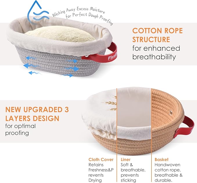 Banneton Bread Proofing Basket, Oval And Round Sourdough Proofing Baskets, Cotton Rope Bowls, Sourdough Baking Supplies Set with Liners Covers