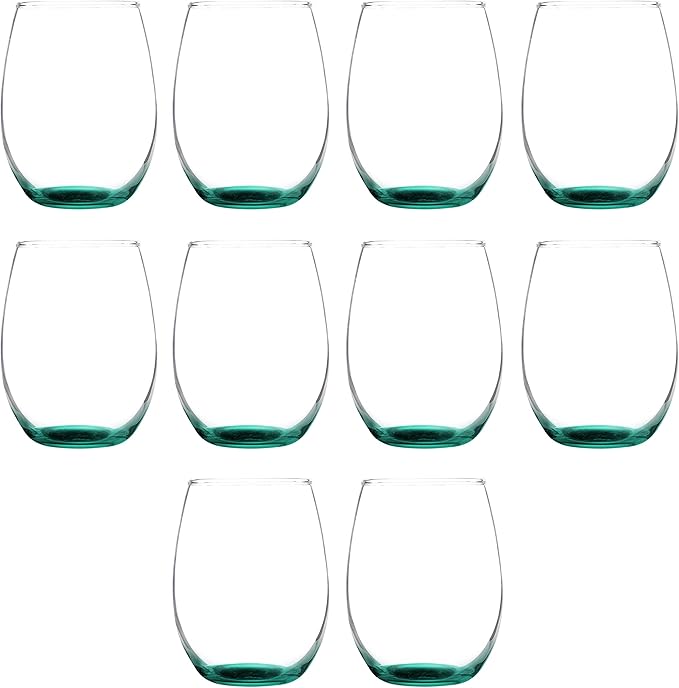 DISCOUNT PROMOS Stemless Wine Glass 9 oz. Set of 10, Bulk Pack - Great for Wedding Favors, Bachelorette Party and More - Green Bottom Color