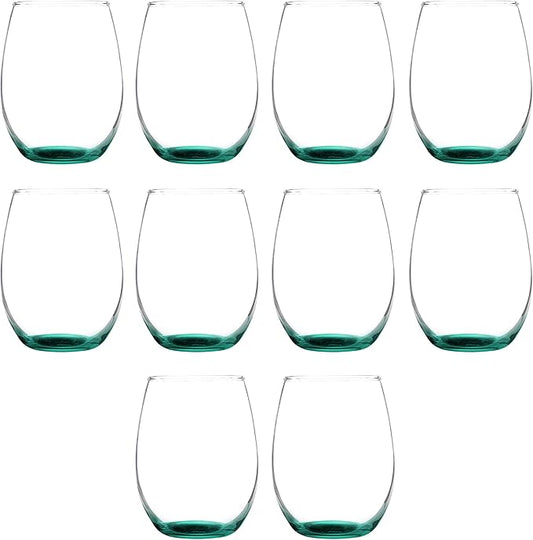 DISCOUNT PROMOS Stemless Wine Glass 9 oz. Set of 10, Bulk Pack - Great for Wedding Favors, Bachelorette Party and More - Green Bottom Color