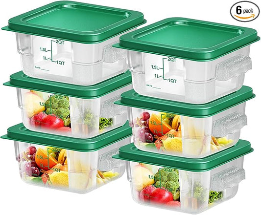 6 pcs 2qt Food Storage Containers with Lid, Square Clear Commercial Storage Containers with Handle and Scale for Food Storage in Home Kitchen & Dining (Green)
