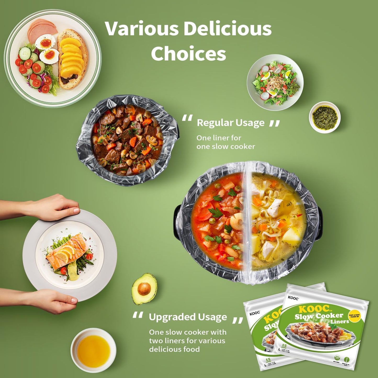 KOOC Slow Cooker Liners 13x21 inch 15 Count Large Size Disposable Pot Liners Cooking Bags Fit 3QT to 8.5QT Pot BPA Free Fresh Locking Seal Design