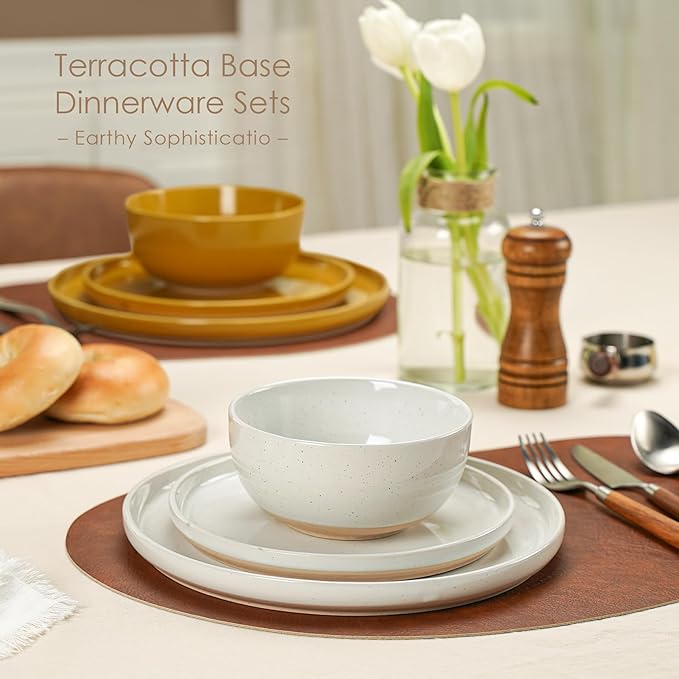 24 Pieces Farmhouse Stoneware Dinnerware Set for 8, Speckled Ceramic Plates and Bowls Set, Matte Terracotta Underside Ceramic Dish Set Scratch Resistant Microwave Dishwasher Safe (Autumn Melody)