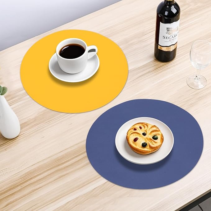 Faux Leather Placemats Set of 6 Reversible,Round PU Placemat for Dining Table,Waterproof Table Mats Heat Resistant Wipeable Anti Slip Washable,Modern Table Protectors(Navy Blue and Yellow)
