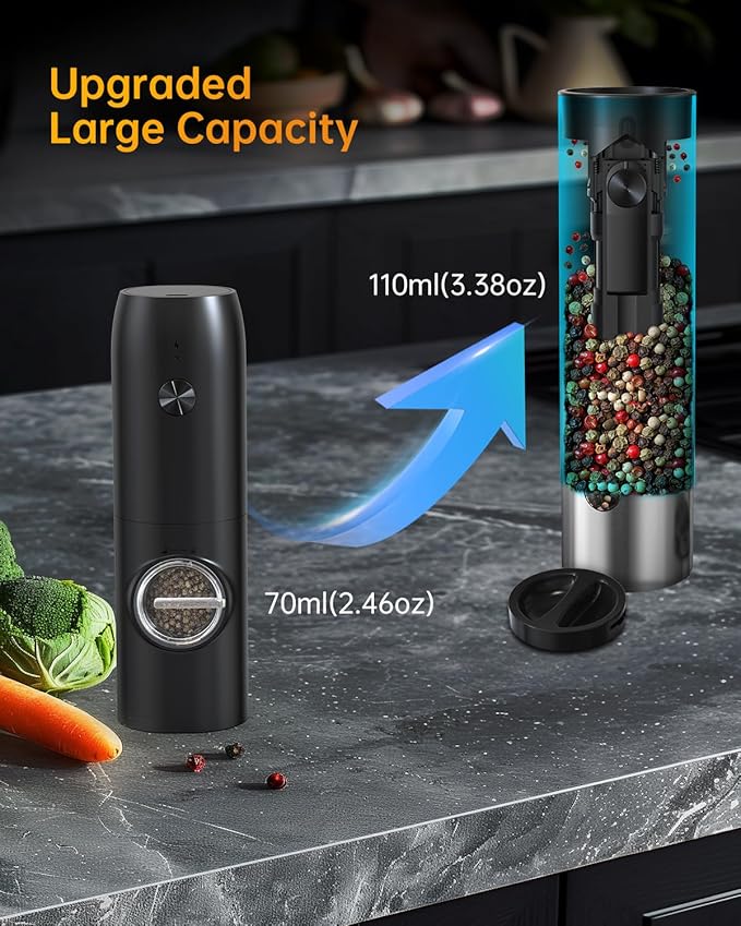 CIRCLE JOY Rechargeable Electric Salt and Pepper Grinder Set with Base, Automatic Stainless Steel Pepper Mill Grinders with 110ml Container, Adjustable Coarseness and White LED Light, Silver