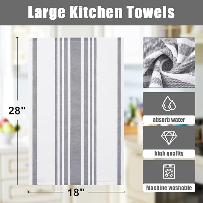 Homaxy Premium Kitchen Towels 18”x 28”, Large Cotton 380 GSM Kitchen Hand Towels, Stripe and Terry Dish Towel, Highly Absorbent Tea Towel Set with Hanging Loop, 6 Pack, Grey