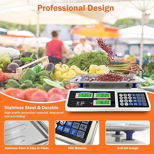 88lb/40kg Price Computing Scale, Digital Price Computing Scale with Stainless Steel Large Platform, Weight Food Kitchen Scale with Dual LCD Display for Farmers Market, Retail Outlets, Meat Shop, Deli