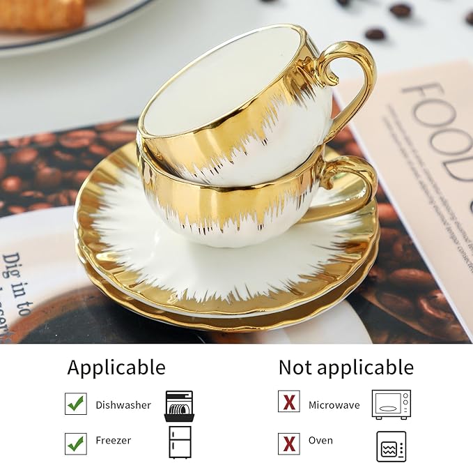 LETAOTAO Espresso Cups and Saucers, 2.5 oz Porcelain Espresso Cups Set of 6, Ceramic Coffee Cups with Gold Trim, Espresso Mugs, Mini Demitasse Cups with Handle for Single Espresso, White