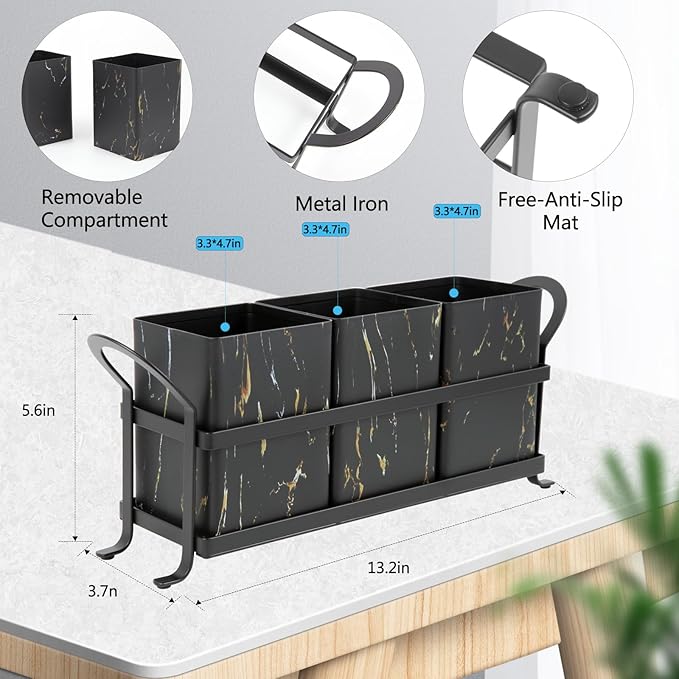 Kitchen Utensil holder for Countertop, Silverware Caddy,Golden Marble Black Flatware Holder Utensil Cutlery Organizer for Party Gatherings, Metal and Durable Design