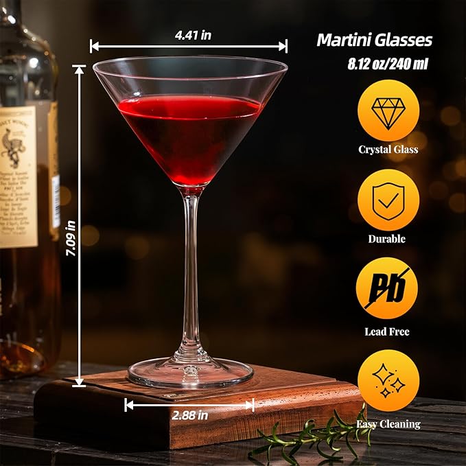 KAMMAK Martini Glasses Set of 2, 8oz Crystal Coupe Glasses, Classic Cocktail Glassware for Margarita, Manhattan, Modern Bar Drinkware for Party, Beach, Anniversary