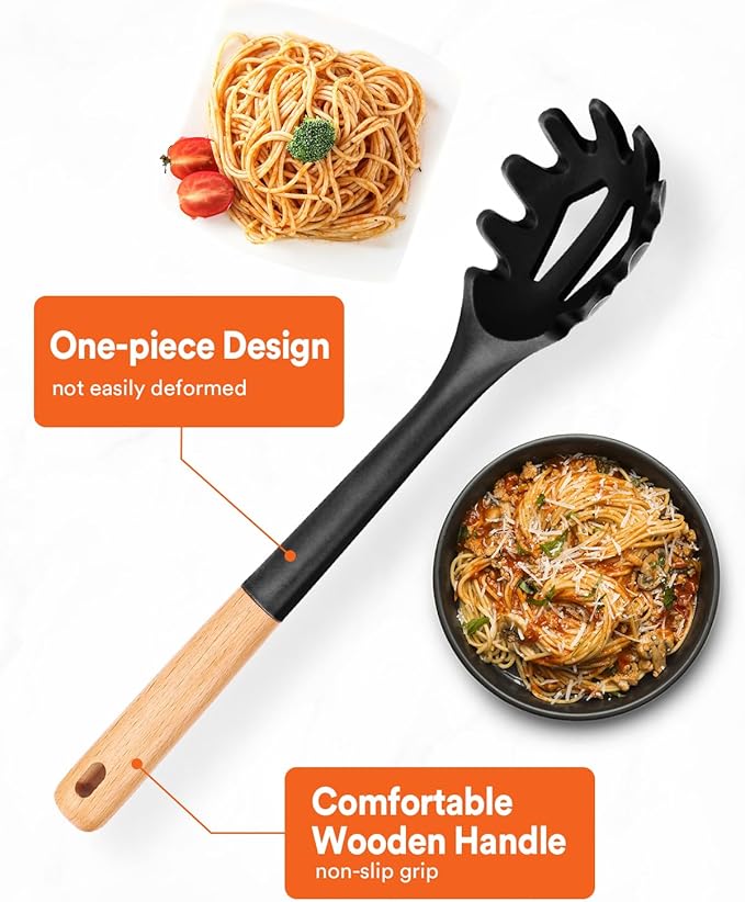 Silicone Pasta Fork, Kitchen Heat Resistant Noodle Spoon Server, BPA Free Spaghetti Strainer,12.8 inch (Black)