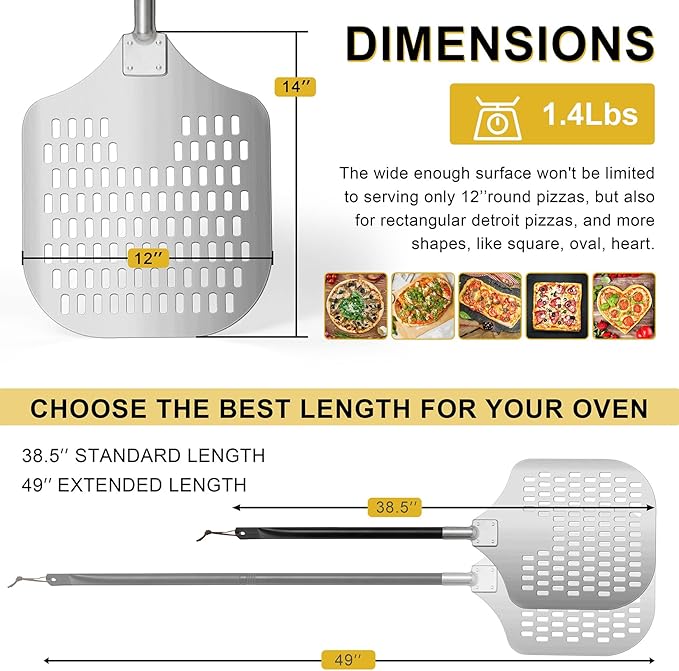 12 Inch Perforated Pizza Peel Aluminum Pizzas Spatula, Joyfair 12’’ x 14’’ Metal Pizza Paddle with Rocker Cutter Pizza Oven Accessories Turning Tool Set, Easy Cleanup (Detachable Handle)