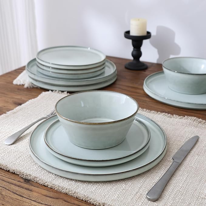 Famiware Annecy Plates and Bowls Sets, Stoneware Dinnerware Sets for 4, 12 Pieces Dish Set with Lipped Edges, Chip and Scratch Resistant, Microwave and Dishwasher Safe, Grey-Blue