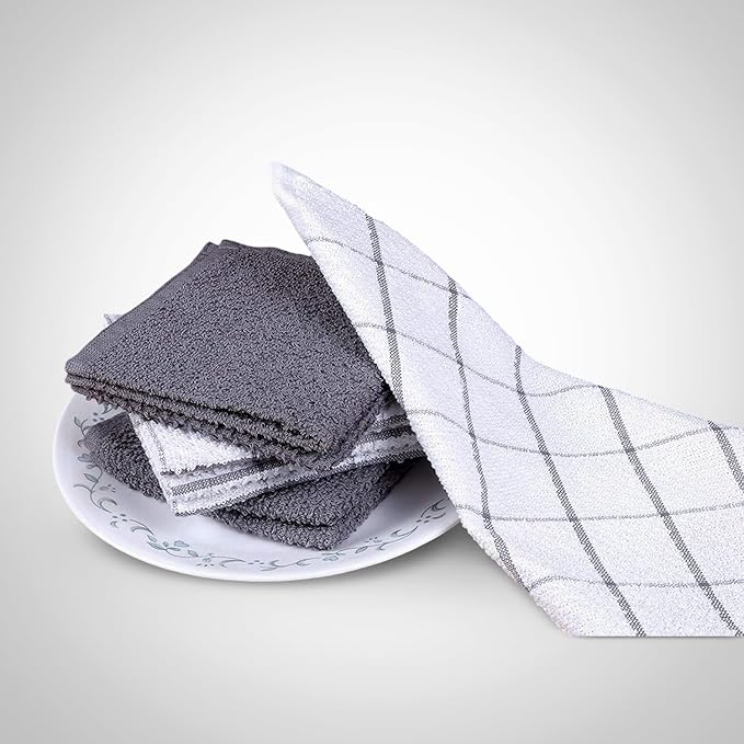 AMOUR INFINI Cotton Kitchen Dish Cloths Set of 8 – Highly Absorbent, Super Soft Premium Terry Cleaning Cloth (12"x12" Inch) Premium Dishcloths for Washing Dishes (Light Gray)