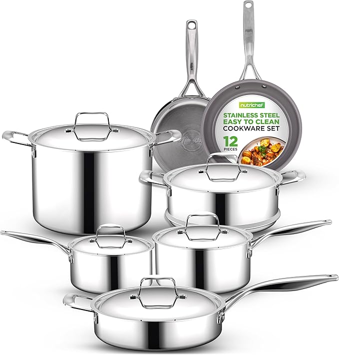 NutriChefKitchen Kitchenware Pots & Pans Set-12-Piece Set Clad Kitchen Cookware w/Steel Handles,Fry Pan Interior Coated w/Prestige Ceramic Non-Stick Coating,Stylish Kitchen Cookware,one size,NCSSX45