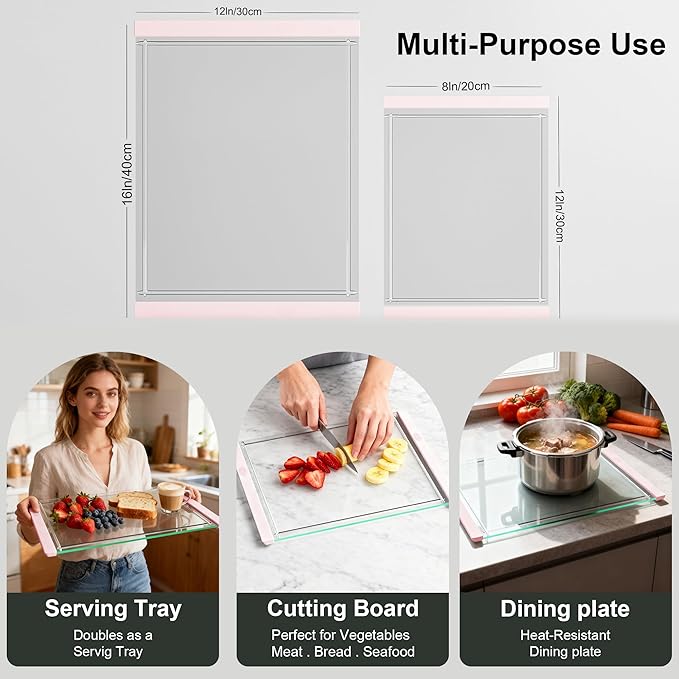 Tempered Glass Cutting Board Set for Kitchen Counter - Dishwasher Safe with Juice Grooves, Non-Slip Silicone Edges & Beveled Grip - 16"x12" & 12"x8" Serving Tray (Pink)