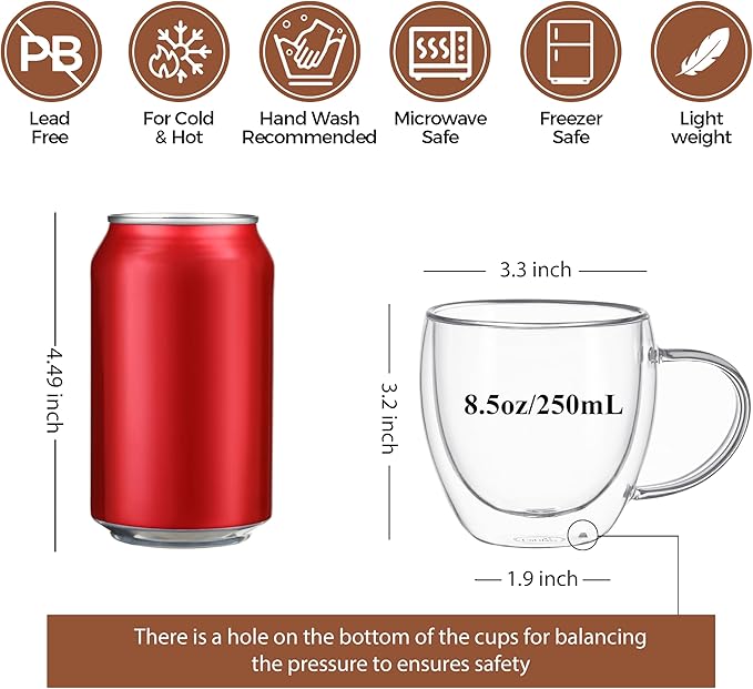 CNGLASS 8.5oz Glass Coffee Mug,Double Wall Insulated Glass Mugs with Handle,Clear Espresso Mugs for Latte,Cappuccino,Tea Bag,Set of 4