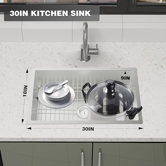 Kitchen Sink, 30x18 Inch Stainless Steel Drop In Kitchen Sink Modern Undermount Single Bowl Kitchen Sink Gift Combo-SS Grid,Silicon Mat,Drain Strainer Set Compatibility With Various Kitchen