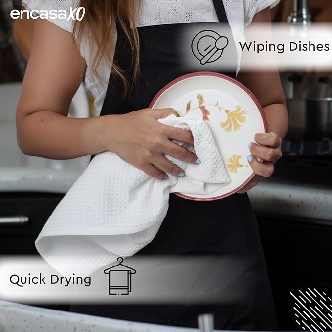 Encasa XO Kitchen Dish Towels Set | White | Waffle Weave and Flat Hand Tea Towel | 28"x18" | Quick Drying Reusable Cotton Washcloths | Multipurpose Lightweight Dishcloths Set of 4