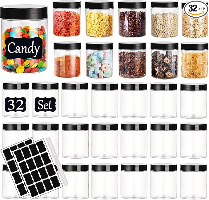 Plastic Jars with Lids Empty Slime Cosmetics Containers Clear Gift Food Jars Round PET Cream Jar with Black Lids Pen Labels for Kitchen Storage Spices Dry Food Body Butter Making(8OZ 32PCS)