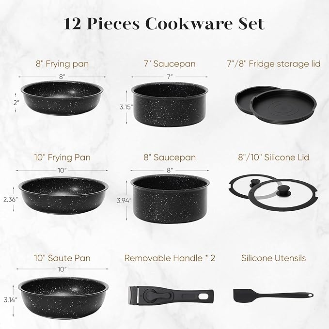 Sweetcrispy 12 pcs Pots and Pans Set, Nonstick Kitchen Induction Cookware Suit with Detachable Handle, Dishwasher Oven Safe, Pitch Black