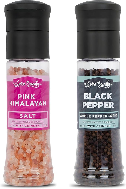 Spice Bounty Pink Himalayan Salt 12.9 oz and Whole Black Pepper 5.8 oz Grinder Set – Coarse Salt and Peppercorns with Adjustable Grinders – Gourmet Seasoning Duo for Cooking & Table Use