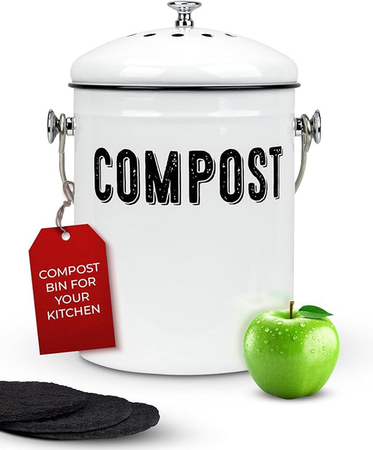 Granrosi Countertop Compost Bin Kitchen - 1.3 Gal Indoor Compost Bucket with Lid for Kitchen; Farmhouse Rust Proof & Odorless Composter Bin for Countertop; 3 Charcoal Filters