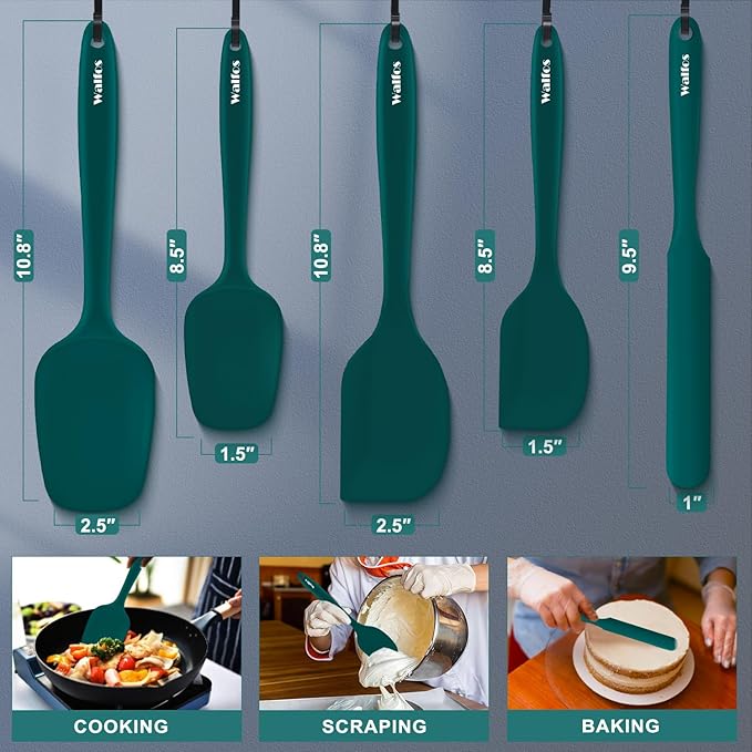 Walfos Silicone Spatula Set of 5 - (600°F) High Heat Resistant Dark Green Kitchen Scraper Spatulas, One-Pieces Seamless Design, Perfect for Cooking Mixing & Baking - BPA Free and Dishwasher Safe