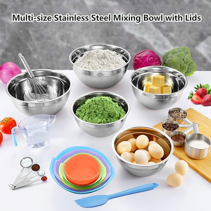 MIKULA Mixing Bowls Set, 22PCS Large Stainless Steel Mixing Bowl with Lids Set 7/6/4.5/3.5/2.5QT, 400ML Measuring Cups Spoons Storage Baking Nesting Metal Bowl for Kitchen Supplies