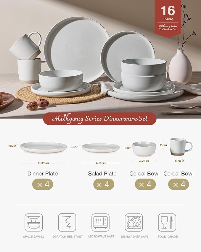 Famiware Milkyway Stoneware Dinnerware Sets with Mugs, Service for 4 (16pcs), Plates and Bowls Sets, Scratch Resistant, Microwave and Dishwasher Safe Dishes Set, Light Gray