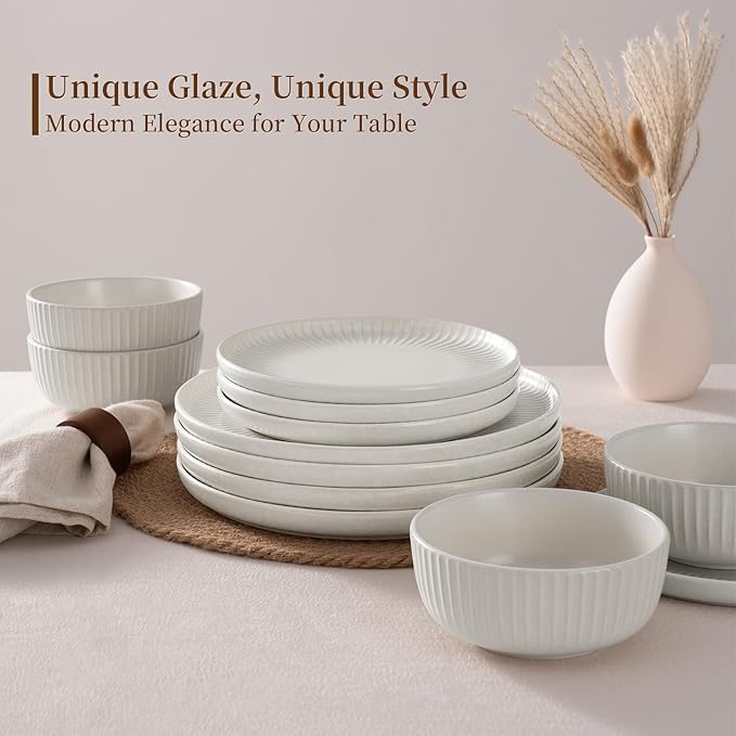 Famiware Starlight Dinnerware Sets, Plates and Bowls Dish Set of 4 (12 Pieces), Ribbed Textured Tableware - Dishwasher & Microwave Safe, Chip Resistant, Reactive Glaze, Matte Reactive White